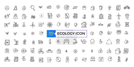 Conjunto de iconos de línea delgada relacionados con Ecología, medio ambiente, ecológico, reciclaje, verde, orgánico, industria. Ecología lineal simple colección de símbolos.