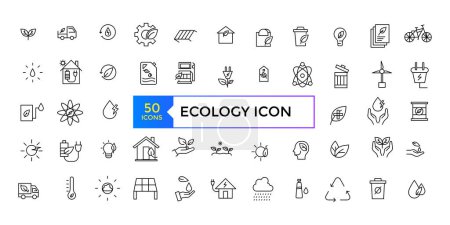 Illustration for Set of thin line icons related to Ecology, environmental, ecological, recyling, green, organic, industry. Linear ecology simple symbol collection. - Royalty Free Image