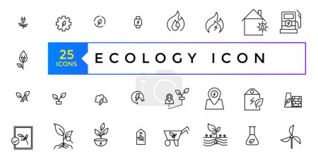 Illustration for Set of thin line icons related to Ecology, environmental, ecological, recyling, green, organic, industry. Linear ecology simple symbol collection. - Royalty Free Image