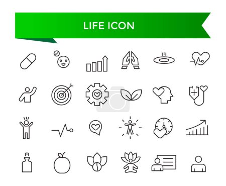 Life Icon Sammlung. Bezogen auf Lebensspanne, Seele, Vitalität, Lebensversicherung, Wellness, Existenz, Puls, Harmonie und mehr. Linienvektorsymbole gesetzt.