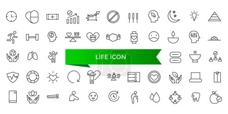 Colección de iconos de vida. Relacionado con la esperanza de vida, el alma, la vitalidad, el seguro de vida, el bienestar, la existencia, el pulso, la armonía y más. Línea vector iconos conjunto.
