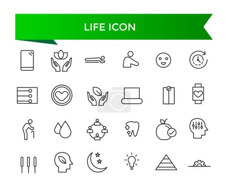 Colección de iconos de vida. Relacionado con la esperanza de vida, el alma, la vitalidad, el seguro de vida, el bienestar, la existencia, el pulso, la armonía y más. Línea vector iconos conjunto.