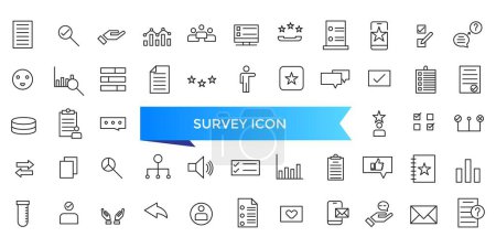Survey icon collection. Related to feedback, opinion, questionnaire, poll, research, data collection, review and satisfaction icons. Line icon set.
