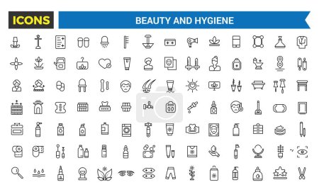 Schönheits- und Hygiene-Ikonen-Set, Dekorative Kosmetik, Körper- und Gesichtspflege, Vektor-Ikonen, Vektor-Illustration
