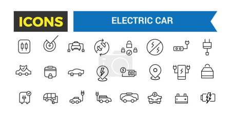 Icône vectorielle de voiture électrique, Ensemble de voiture E, Bus électrique, Camion, Véhicule, Auto, Moteur, Plug, Batterie, Eco Transport, Pilote automatique, Smart Car Editable Stroke Icon, Illustration vectorielle