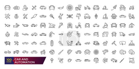 Car and automation Simple Icon Set. Truck Logistics Related Vector Line Icons. Contains such Icons as Cargo Inspection, Route, Forklift at warehouse and more. 