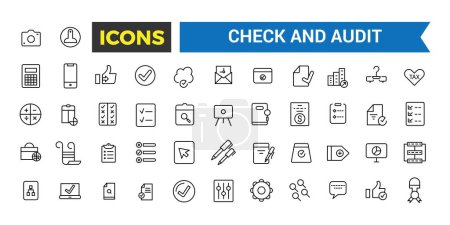 Kontrollieren und Audit Line Icons Collection, Audit und Business Line Icons Collection, Big Ui Icon Set in einem flachen Design, Vektorillustration