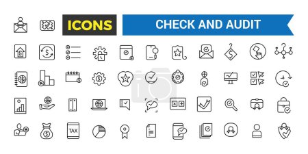 Colección de iconos de línea de verificación y auditoría, Colección de iconos de línea de auditoría y negocios, Big Ui Icon Set In A Flat Design, Ilustración de vectores