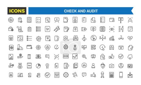 Kontrollieren und Audit Line Icons Collection, Audit und Business Line Icons Collection, Big Ui Icon Set in einem flachen Design, Vektorillustration
