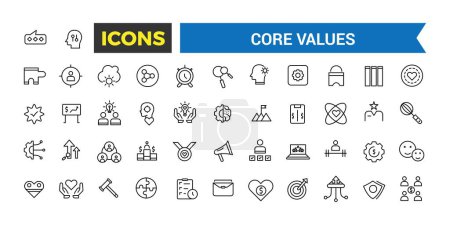 Illustration for Core Values Icon Set, Full Vector Outline Style Icons, Commitment, Environmentalism Icons, Personal Growth, Innovation, Family, Problem Solving, Vector Illustration - Royalty Free Image