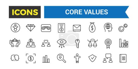 Illustration for Core Values Icon Set, Full Vector Outline Style Icons, Commitment, Environmentalism Icons, Personal Growth, Innovation, Family, Problem Solving, Vector Illustration - Royalty Free Image