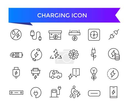 Illustration for Charging icon collection. Related to charge, battery, energy, electricity, charger, recharge, electric car and charging station icons. Line icon set. - Royalty Free Image