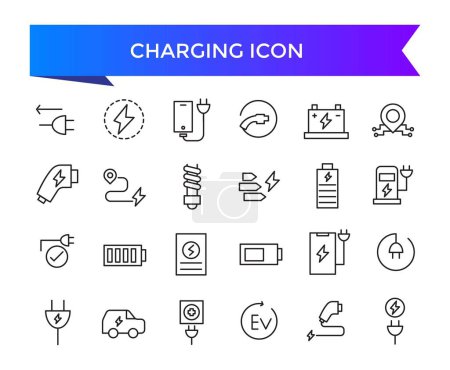 Illustration for Charging icon collection. Related to charge, battery, energy, electricity, charger, recharge, electric car and charging station icons. Line icon set. - Royalty Free Image
