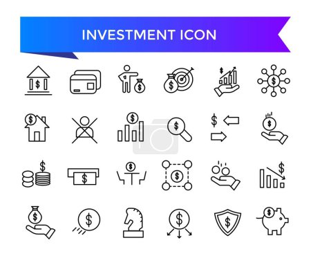 Collection d'icônes investissement. Relatif à l'investisseur, fonds commun de placement, ascollection, gestion des risques, économie, gain financier, intérêts et icônes boursières.