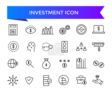 Collection d'icônes investissement. Relatif à l'investisseur, fonds commun de placement, ascollection, gestion des risques, économie, gain financier, intérêts et icônes boursières.