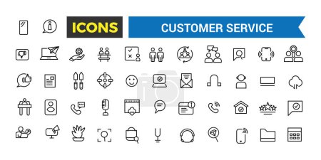Servicio al cliente y soporte, conjunto de iconos de línea, el conjunto de iconos de estilo de esquema contiene iconos tales como satisfacción, retroalimentación, preguntas frecuentes y más, conjunto de iconos de vectores completos, ilustración vectorial
