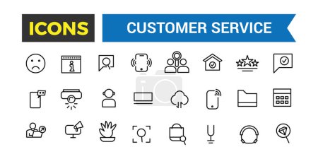 Servicio al cliente y soporte, conjunto de iconos de línea, el conjunto de iconos de estilo de esquema contiene iconos tales como satisfacción, retroalimentación, preguntas frecuentes y más, conjunto de iconos de vectores completos, ilustración vectorial
