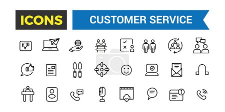 Customer Service And Support, Line Icon Set, Outline Style Icon Set Contains Such Icons As Satisfaction, Feedback, Faq And More, Full Vector Icons Set, Vector Illustration