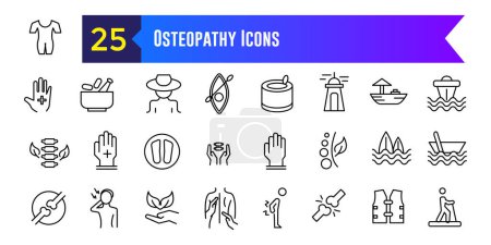 Ikonen der Osteopathie gesetzt. Umrisse von Osteopathie-Vektorsymbolen für das UI-Design. Umrissene Symbolsammlung. Essbarer Schlaganfall.