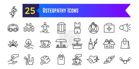 Ikonen der Osteopathie gesetzt. Umrisse von Osteopathie-Vektorsymbolen für das UI-Design. Umrissene Symbolsammlung. Essbarer Schlaganfall.