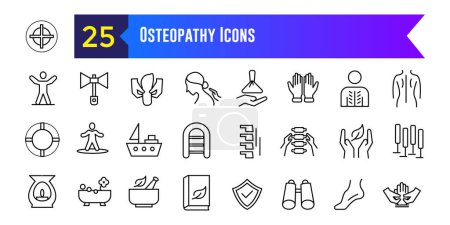 Illustration for Osteopathy icons set. Outline set of osteopathy vector icons for ui design. Outline icon collection. Editable stroke. - Royalty Free Image