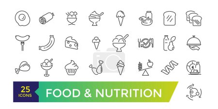 Food and nutrition icons set. Editable stroke pack. Outline icons collection.