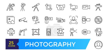 Estudio de fotografía y set de iconos de cine. Tecnología de lentes fotográficas, colección de iconos digitales diferentes.