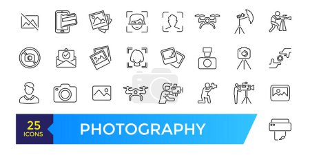 Estudio de fotografía y set de iconos de cine. Tecnología de lentes fotográficas, colección de iconos digitales diferentes.