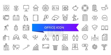 Collection d'icônes. Relatif à la mallette, au bureau, à l'ordinateur, aux réunions, aux employés, à l'horaire et au symbole de collègue. Ensemble vectoriel d'icônes d'espace de travail ligne.