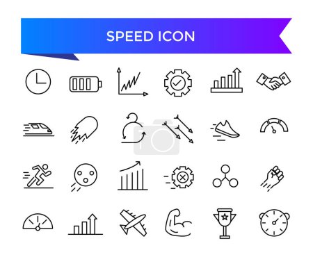 Speed icon collection. Related to fast, slow, movement, productivity, indicator, turbo, speeding, gauge, express and speedometer icons set.