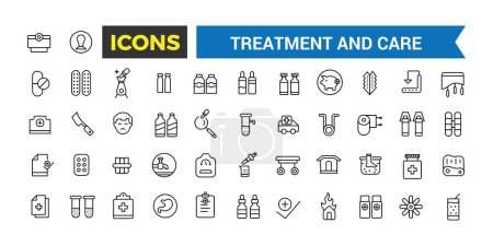Treatment and Care Icon, Emergency, Pharmacology And More, Thin Line Icons Set, Vector Illustration