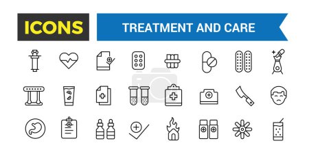 Treatment and Care Icon, Emergency, Pharmacology And More, Thin Line Icons Set, Vector Illustration