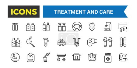 Icône de traitement et de soins, Urgence, Pharmacologie et plus, Ensemble d'icônes de ligne mince, Illustration vectorielle
