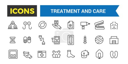 Icono de tratamiento y atención, emergencia, farmacología y más, conjunto de iconos de línea delgada, ilustración vectorial