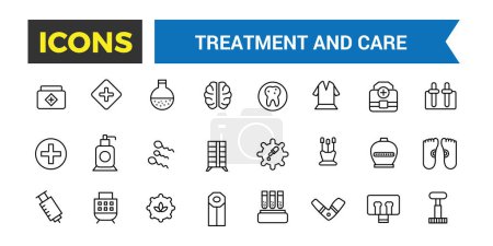 Icône de traitement et de soins, Urgence, Pharmacologie et plus, Ensemble d'icônes de ligne mince, Illustration vectorielle
