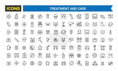 Behandlung und Pflege-Icon, Notfall, Pharmakologie und mehr, Thin Line Icons Set, Vektorillustration