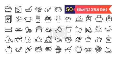 Los iconos del cereal del desayuno establecen el vector de contorno. Aperitivo granola. Cereales. Esquema de colección de iconos. Carrera editable.