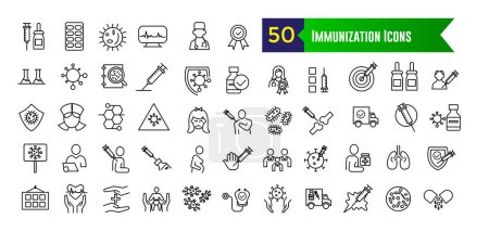Illustration for Immunization icons set. Outline set of immunization vector icons for ui design. Outline icon collection. Editable stroke. - Royalty Free Image