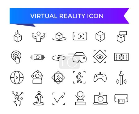 Virtual-Reality-Icon-Sammlung. Im Zusammenhang mit VR, Augmented Reality, Headcollection, immersive, mixed reality, AR, 360 Grad und mehr. Linienvektorsymbole gesetzt.