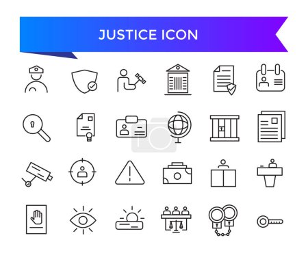 Collection d'icônes de justice. Relatif au droit de la justice, tribunal juridique, avocat, jugement, autorité, icônes pénales et pénitentiaires fixés.