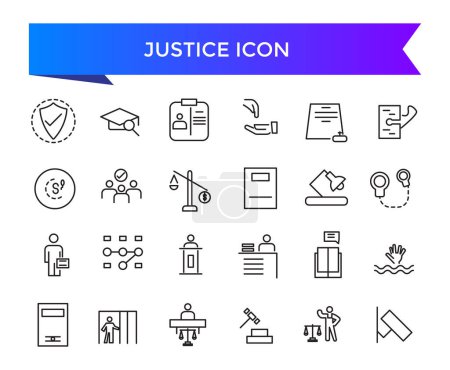 Colección de iconos de justicia. Relacionado con la ley de justicia, corte legal, abogado, sentencia, autoridad, penal y prisión iconos conjunto.