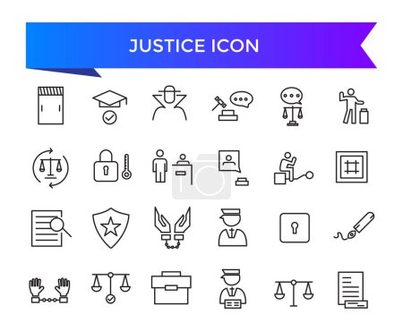 Gerechtigkeitssymbolsammlung. Bezogen auf Justizrecht, Gerichtsrecht, Anwalt, Urteil, Autorität, Straf- und Gefängnissymbole.