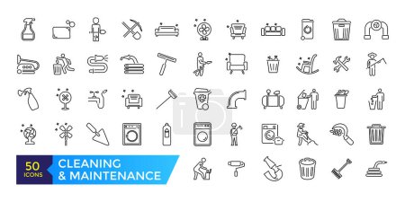 House Cleaning and Maintenance Icons Set. Broom, Dustpan, Vacuum cleaner. Simple Icons Vector Collection. Editable ui stroke.