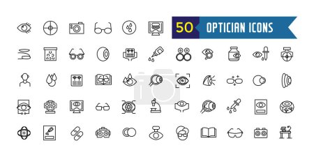 Optician icons set. Outline set of optician vector icons for ui design. Outline icon collection. Editable stroke.