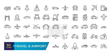 Reise- und Flughafenliniensymbole gesetzt. Enthält lineare Umrisssymbole wie Flugzeug, Ticket, Gepäck, Transport, Gepäck, Flugzeug. Editierbare Vektorabbildung.