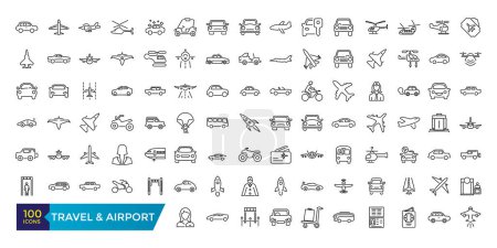 Conjunto de iconos de línea de viaje y aeropuerto. Contiene iconos lineales como Avión, Billete, Equipaje, Transporte, Equipaje, Avión. Ilustración vectorial editable.