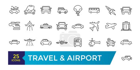 Reise- und Flughafenliniensymbole gesetzt. Enthält lineare Umrisssymbole wie Flugzeug, Ticket, Gepäck, Transport, Gepäck, Flugzeug. Editierbare Vektorabbildung.