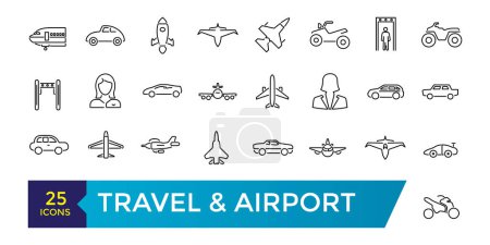 Travel and Airport line icon set. Contains linear outline icons like Plane, Ticket, Baggage, Transport, Luggage, Airplane. Editable vector illustration.