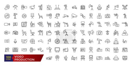 Video production line icon set. Animation music and movie editing. Vector set designs line images film production collection.