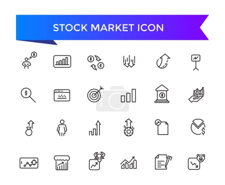 Collection d'icônes boursières. En relation avec les actions, bourse, objectif financier, actions, investissement, marché haussier, ours marché et icônes d'investissement.